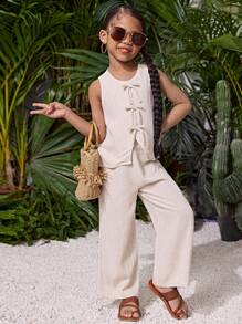 2 Stücke Set aus einfarbiger Strickjacke und weiter passender Hose für Kleine Mädchen - Khaki - Übersicht 3