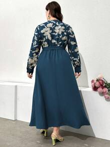 Modelyn Plus Size Women's Elegant Floral Print Belted Dress With Waist Decor Maxi Women Outfit Long Evening Dresses - Blue - View 2