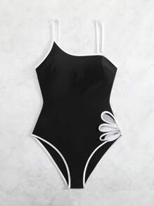 Swim Basics Ladies' Black & White Floral Pattern Beach One-Piece Swimsuit With Adjustable One Shoulder Strap For Summer Beach Vacation - Black and White - View 6
