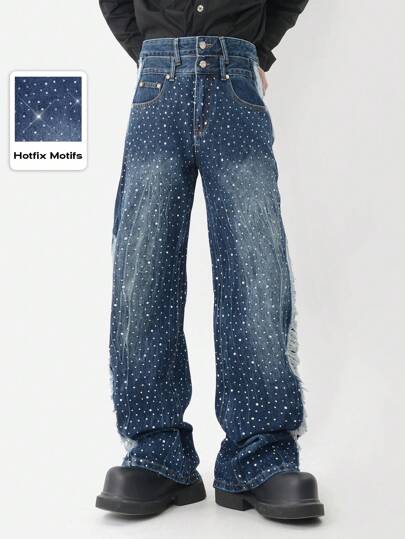 Street Life Jeans amples décontractés pour homme grande taille avec strass et poches déchirées