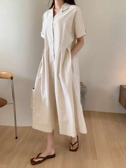 DAZY 1 件套女士 V 领短袖条纹衬衫裙、A 字长裙、休闲女裙