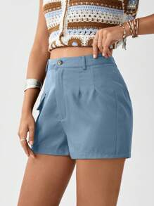 SHEIN LUNE 夏季高腰側翻口袋卡其色短褲 - 霧霾藍 - 查看 4