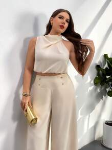 Firerie Plus Size Women Office Commute Casual Elegant Twist Knot Blouse Top And Metal Button Wide-Leg Pants 2 Pieces Set, Spring/Summer - Apricot - View 5