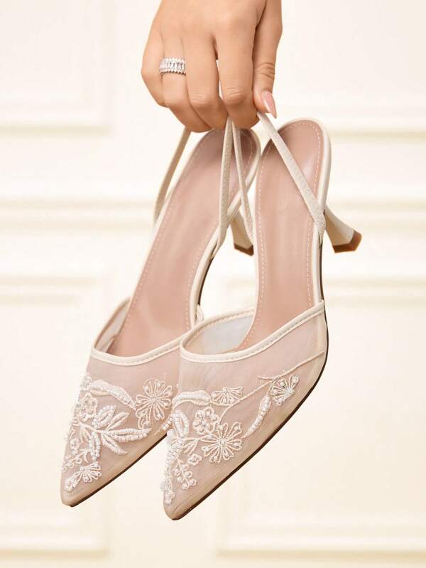 CUCCOO HITCHD New Summer Embroidery Lace Pointed Toe High Heel Sandals, Elegant Romantic Champagne Mesh Ladies Party Shoes, Bridal Wedding Guest Evening Wear