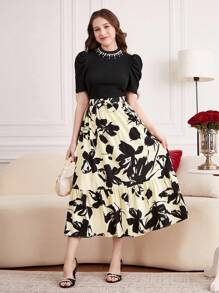 2pcs/Set Teen Girl' Vacation Embellished Neckline Gigot Sleeve Top & Floral Pattern Skirt Suit - Multicolor - View 5