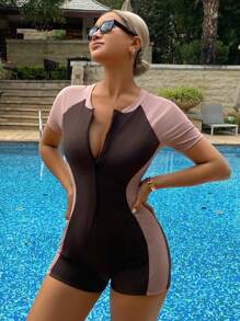 Livesso 女士撞色拉链开襟运动泳衣，适合夏季假期冲浪和潜水