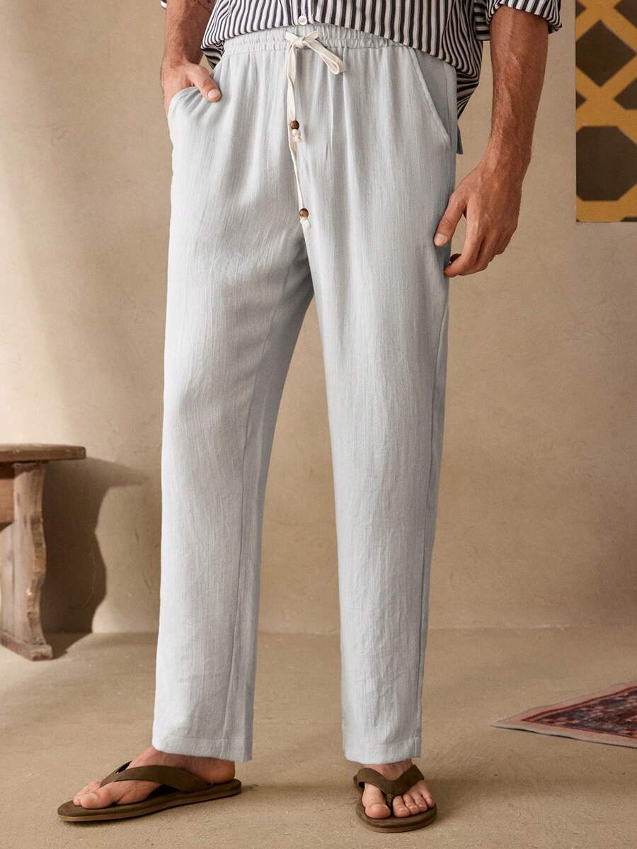 Manfinity VCAY Men's Casual Soft Summer Color Palette Woven Drawstring Tapered Leg Pants,Autumn,Vacation,Holiday,Slant Pocket Trousers For Outdoor,Home,Beach,Hiking - Light Grey - View 1
