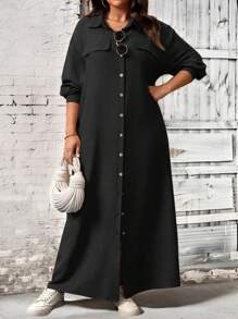 SHEIN LUNE Vestido camisero informal de talla grande para mujer, de un solo color, con hombros caídos y estilo suelto, para primavera/otoño, vestido largo de mujer - Negro - Ver 1