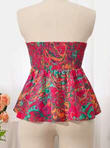 Breezaya 性感無肩帶束腰荷葉邊花卉印花度假上衣 - 彩色 - 查看 2