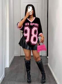 Slaydiva 休闲街头运动数字和字母印花V领宽松短袖大码粉色女式T恤 - 彩色 - 查看 4