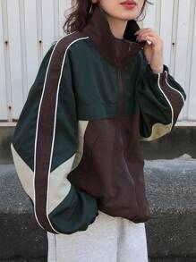 FRIFUL Women Casual Summer Jacket With Colorblock Patchwork - Green - View 3