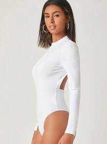 SHEIN BASICS Mock-Neck Open Solid Color Long Sleeve Back Bodysuit - White - View 3