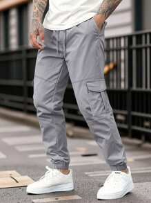 Manfinity Homme Men's Solid Color Drawstring Waist Cargo Casual Pants - Grey - View 1