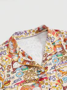 Nick 90's X ROMWE 卡通图案衬衫式短袖上衣和短裤 100% 纯棉睡衣套装 - 彩色 - 查看 3