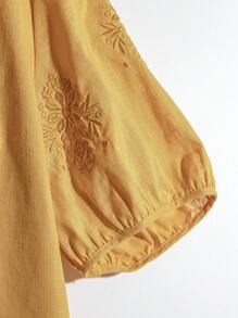 Rusticease Women Vacation Casual Solid Color Embroidery Blouse - Yellow - View 5