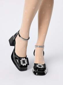 ROMWE Goth Zapatos de vestir para mujer de tacón grueso con cierre, decoración de lazo y strass, tacones altos formales para oficina de color negro