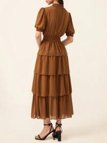 Chiquease 夏季法式泡泡袖多层蛋糕长裙 - 棕色 - 查看 3