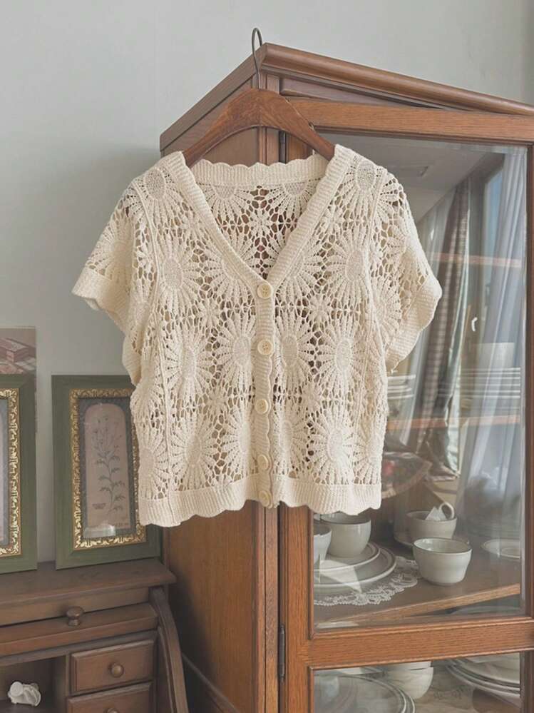DAZY Women's V-Neck Hollow Knitted Floral Short Sleeve Cardigan - Apricot - View 2