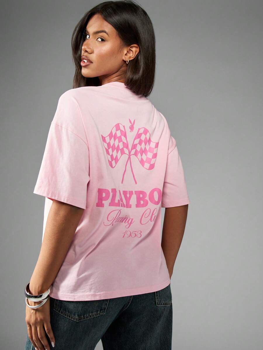 Missguided x Playboy 赛车俱乐部 T 恤复古格子旗图案赛车系列复古 1953 版街头服饰超大休闲夏季节日时尚赛车 - 粉色 - 查看 1