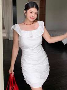 Dazy Plus Plus Size White Ruffle Off Shoulder Wrapped Mini Dress, Summer,Casual Women Dresses - White - View 4
