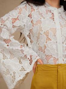DAZY Women Lace Collar Flare Sleeve Solid Sheer Button Front Blouse,Fall Women Clothes Long Sleeve Top - Beige - View 3