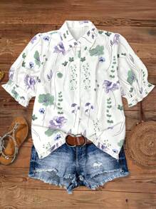 SHEIN LUNE Plus Size Summer Casual Floral Print Button Front Short Sleeve Blouse - Multicolor - View 1