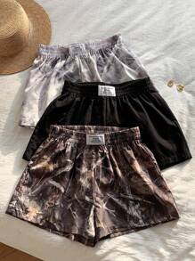Comfortcana 3pcs Plus Size Solid Color & Tree Branch Print Shorts, Simple Versatile Comfortable Casual Wear Shorts Y2k Camo Shorts,Holiday Outfits For Women