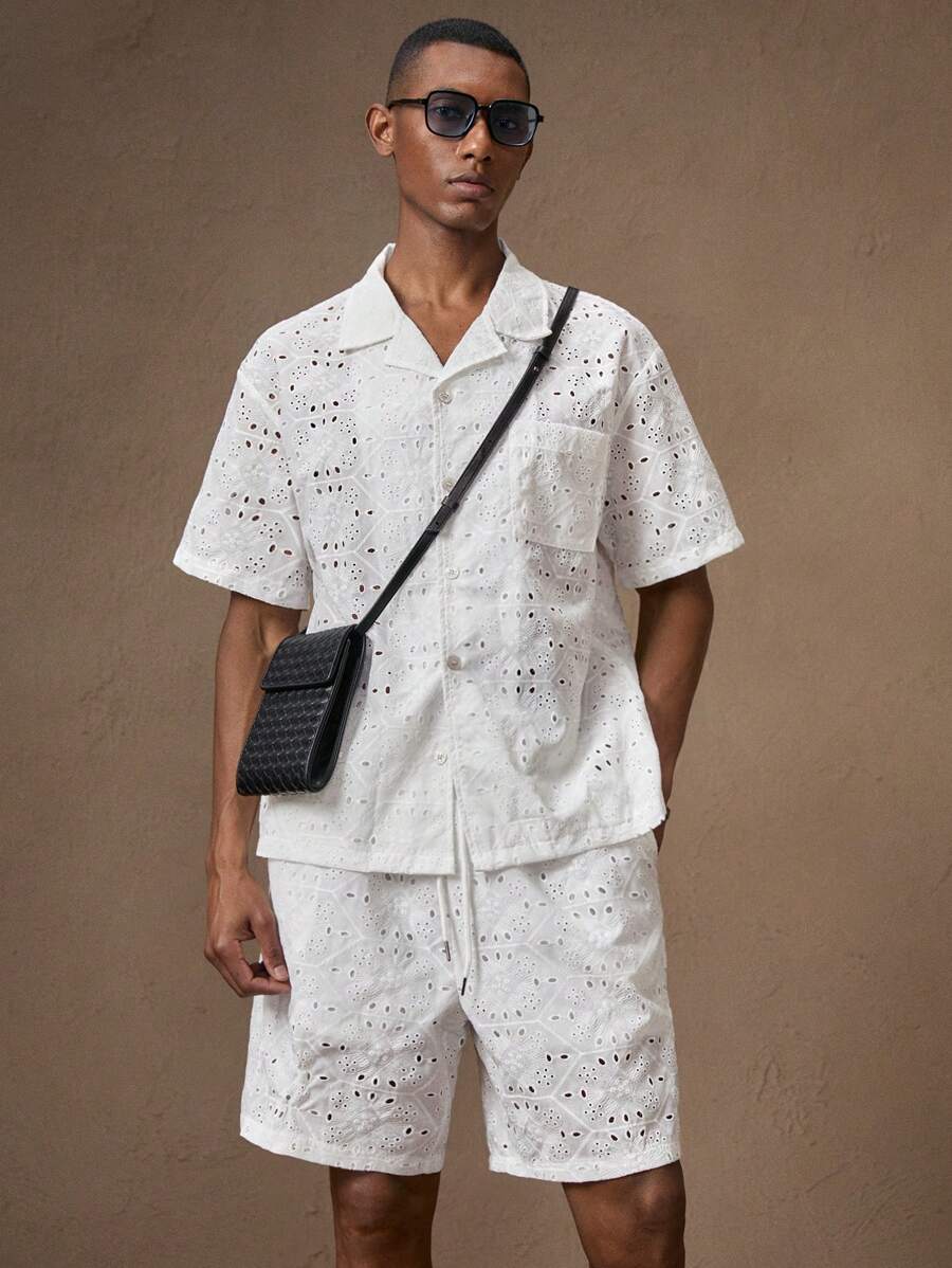 AKNOTIC X Nawaf Alabid 2pcs/Set Men Jacquard Woven Casual Loose Short Sleeve Collared Shirt & Elastic Waist Straight Leg Shorts Suit, Suitable For Summer, Vacation, Daily Wear, Party, Couples, Gifts - Mocha Brown - View 1