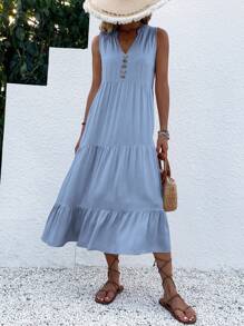 SHEIN LUNE 纽扣细节荷叶边下摆罩衫长款女装 - 淺藍色 - 查看 3