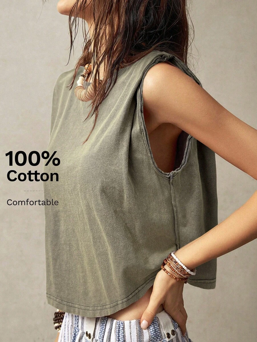 Bohemela Vacation Sleeveless Round Neck Tank Top For Women - Khaki - View 1