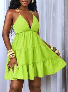 BamGleam Women's Sexy Deep V-Neck Ruffle Trim Neon Green Dress - Green - View 4