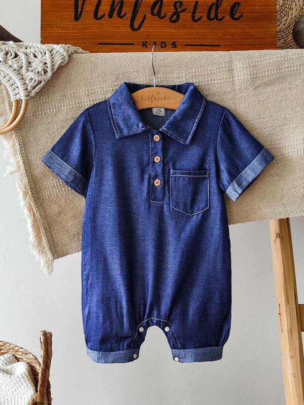 SHEIN Vintaside Kids Baby Jungen blaues modisches, ländliches Urlaubs-Niedlich-Alles-passend Lässig Romper
