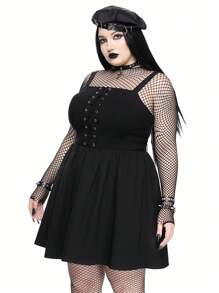 ROMWE Goth Đầm mini dây mảnh cỡ lớn phong cách retro cổ điển trang trí ngực ren màu trơn đa năng - màu đen - Xem 3