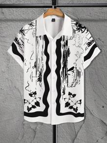 Manfinity Plus Size Men's Full-Print Front Button Down Short Sleeve Casual/Holiday Shirt - White - View 3