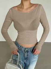 DAZY 新品秋季露肩修身女式透明T恤，返校服长袖女式上衣，秋季女装