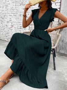 SHEIN PETITE 女式休闲纯色荷叶边下摆连衣裙，度假风格 - 墨綠色 - 查看 4