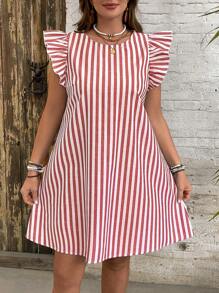 SHEIN VCAY Plus Size Casual & Holiday Striped Mini Cap Sleeve Dress - Red and White - View 6
