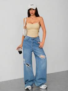SHEIN PETITE Camiseta básica de mujer de cuello redondo ceñida, blanca, transpirable y sin sujetador - Albaricoque - Ver 3