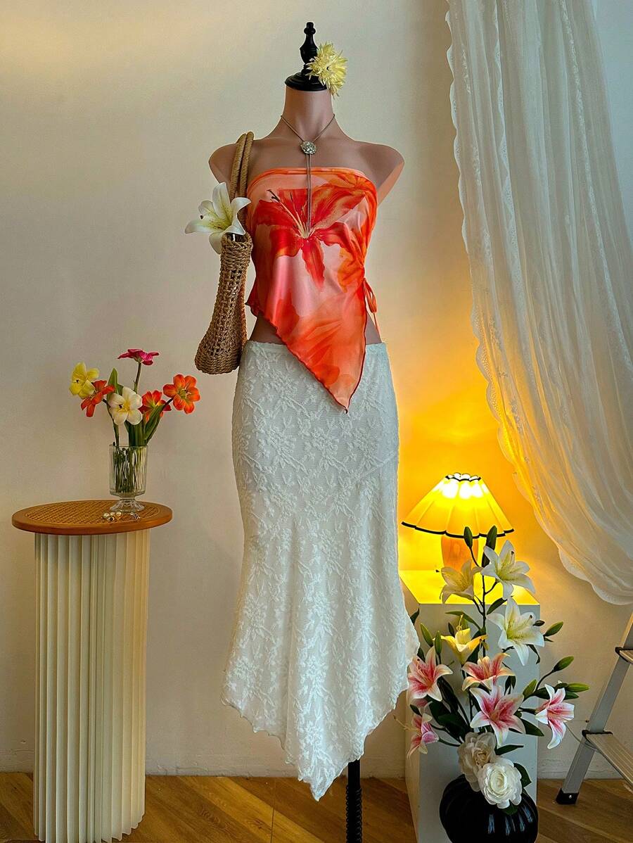 SHEIN MOD 女式中长低腰裙（象牙色蕾丝）、波西米亚风女装、乡村音乐会、春季女裙、复活节女裙 - 杏色 - 查看 1