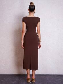 Lavishia Women Metal Button & Twist Detail Waist Dress, Elegant Crew Neck Long Sleeve Casual Everyday Wear Commute Dress,Business Casual Woman,Summer Dresses For Women