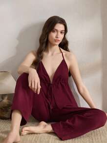 Ocili Leisure Women Summer Solid Ruffle Hem Halter Neck Top And Pants Loungewear Set Holiday Season Outfit - Burgundy - View 5