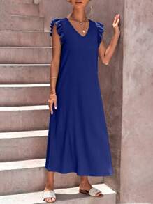 RueChic Vestido de verano de unicolor simple con cuello en V y dobladillo con volantes para mujer