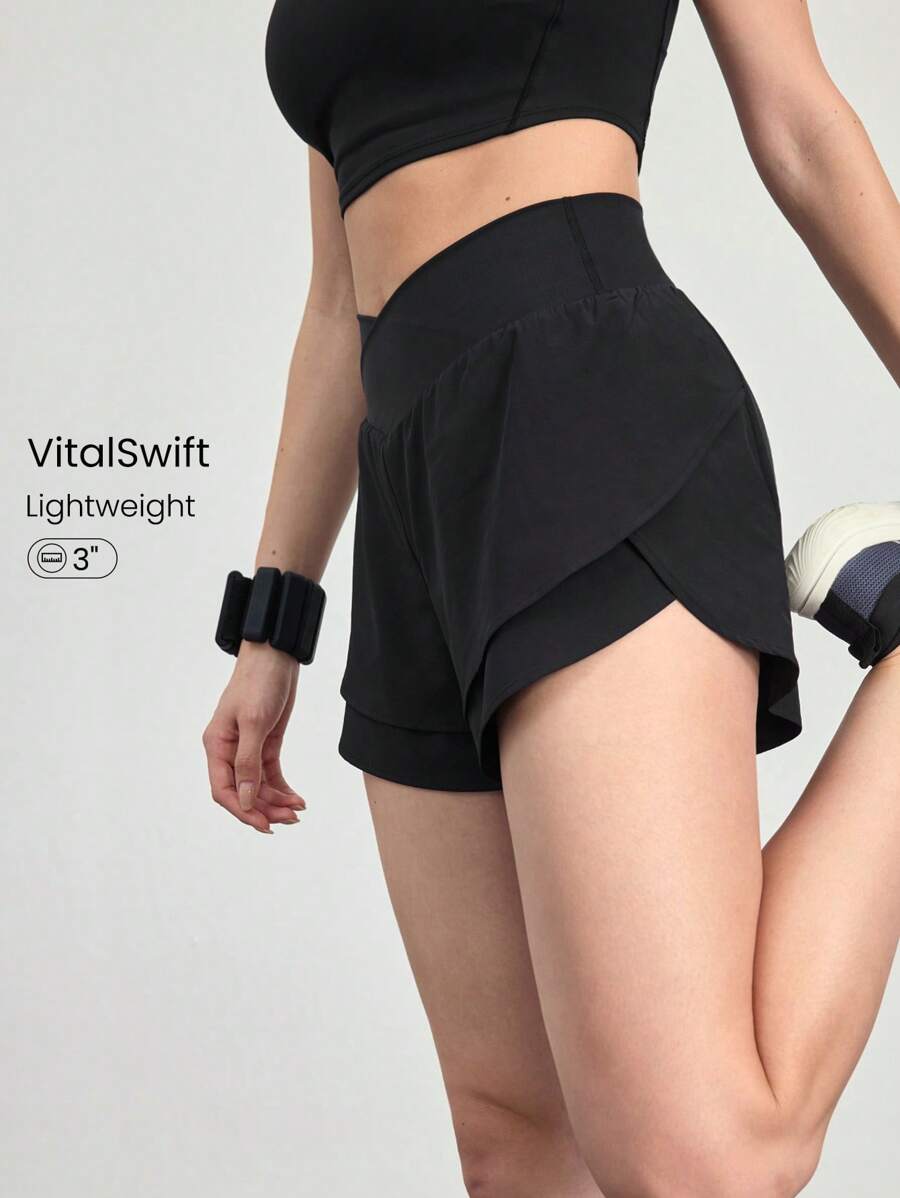 GLOWMODE VitalSwift Speedstar 双层前面板交叉腰跑步短裤内置除臭内衣中等强度跑步锻炼日常休闲装 - 黑色 - 查看 1