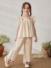 Blossori Young Girls Linen Holiday Ribbon Decor Ruffle Sleeve Shirt/ Pants Set - Khaki - View 3