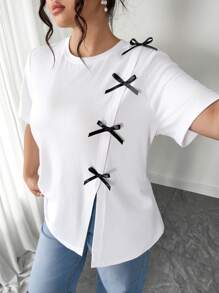 Calvaya Elegant & Casual Bow Decor White Open Side Round Neck Short Sleeve Plus Size T-Shirt, Summer