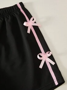 2pcs/Set Girls Casual All-Match Daily Sports Style Fashion Co-Ord Set: Loose Knit T-Shirt With 3D Bow Trim + Shorts