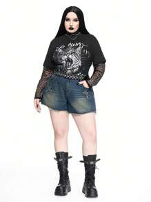 ROMWE Grunge Punk Plus Size Women Punk Vintage Y2K Leopard Print Cross Embroidered Denim Shorts - Dark Wash - View 2