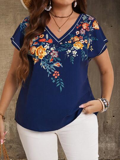 EMERY ROSE Blusa elegante de manga corta y escote en V para tallas grandes, atuendo de campo casual para vacaciones, sencillo y de moda para uso diario, blusas de verano para mujer, conjuntos de verano para mujeres