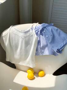 Conjunto de 2 piezas de mujer con tirantes finos, encaje, parches y lazo con estampado de lunares, para verano - Azul y blanco - Ver 6