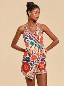 Travachic Damen Blumenmuster Neckholder Romper, Lässig Sommer Urlaub, bedruckter ärmelloser Romper, grafischer Muster Sommer Outfit für Damen, Urlaubs Outfit Frau, Boho Chic, Strand Outfit für Frau, Lässig Frau fließendes Sonnenkleider Boho Damenmode, Tropische Outfits Frauen, Abschlussoutfit, Old Money Stil Frauen, Sommer Sonnenkleid, Schleife an den Schulterträgern